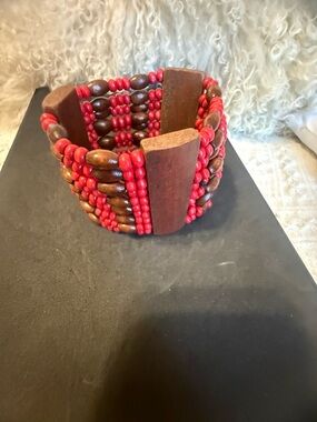 Wood and Red Beaded Wide Stretch Bracelet